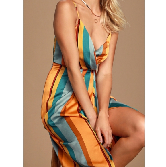  Orange Multi Striped Satin High-Low Midi Dress - Picture 5 of 6